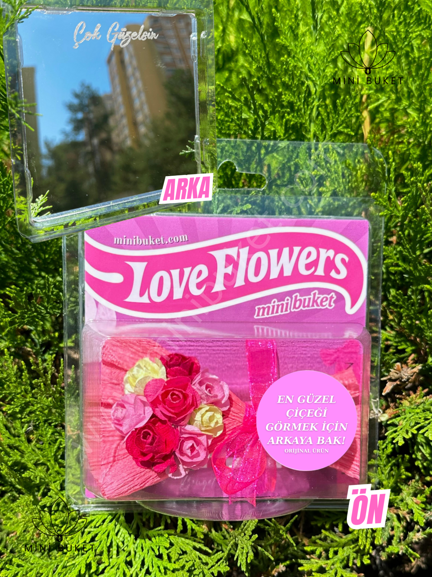Aynalı Love Flowers Pembe Çiçek Buketi